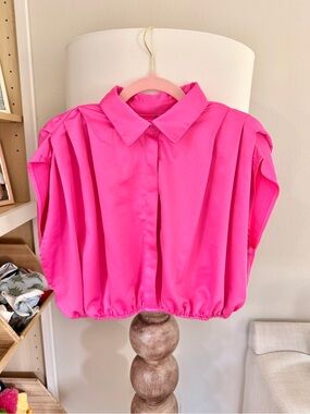 Bright Pink Short Sleeve Button-Front Blouse